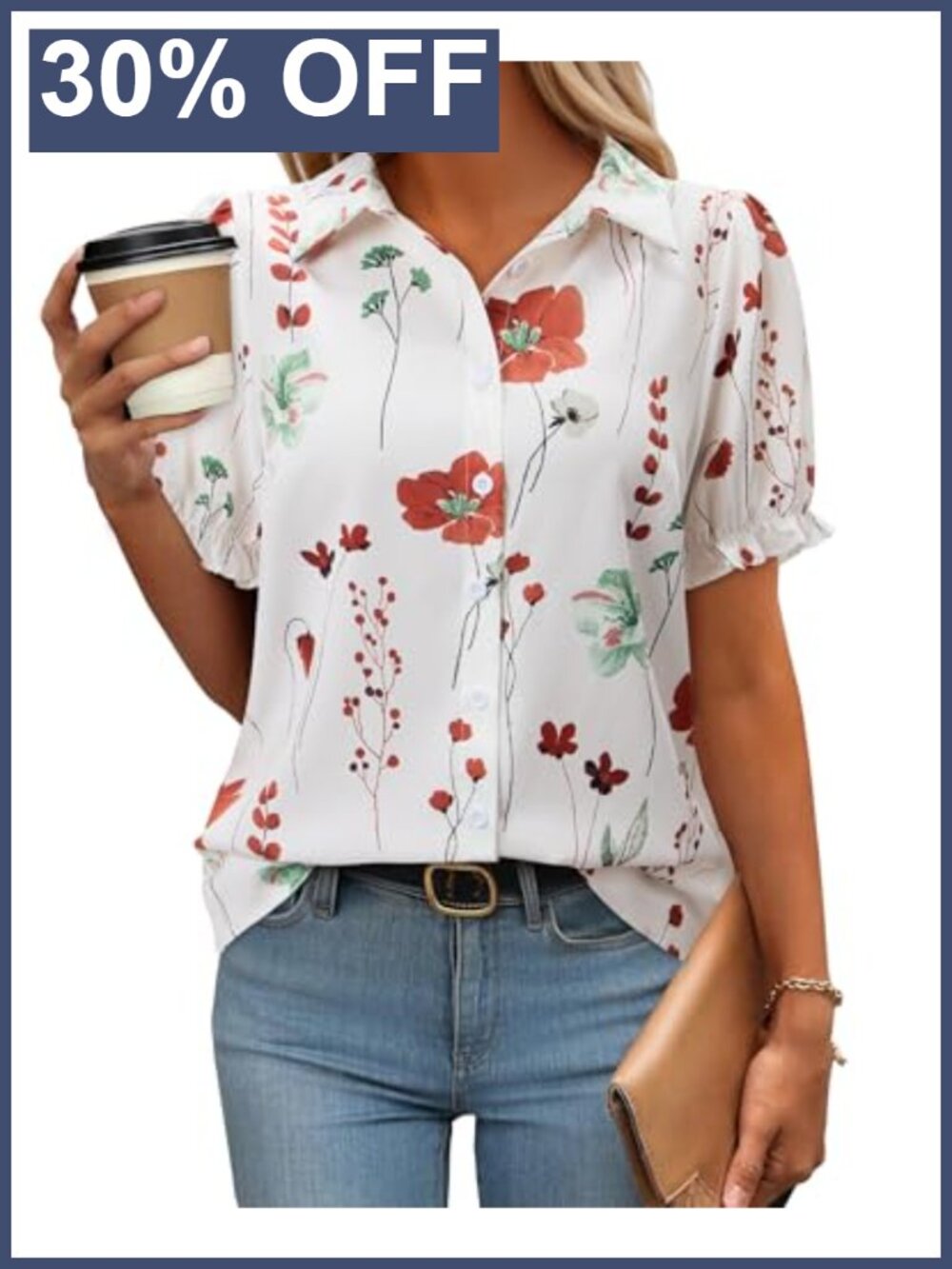 Women's Puff Sleeve Floral Button Down Shirt V-Neck Summer Blouse